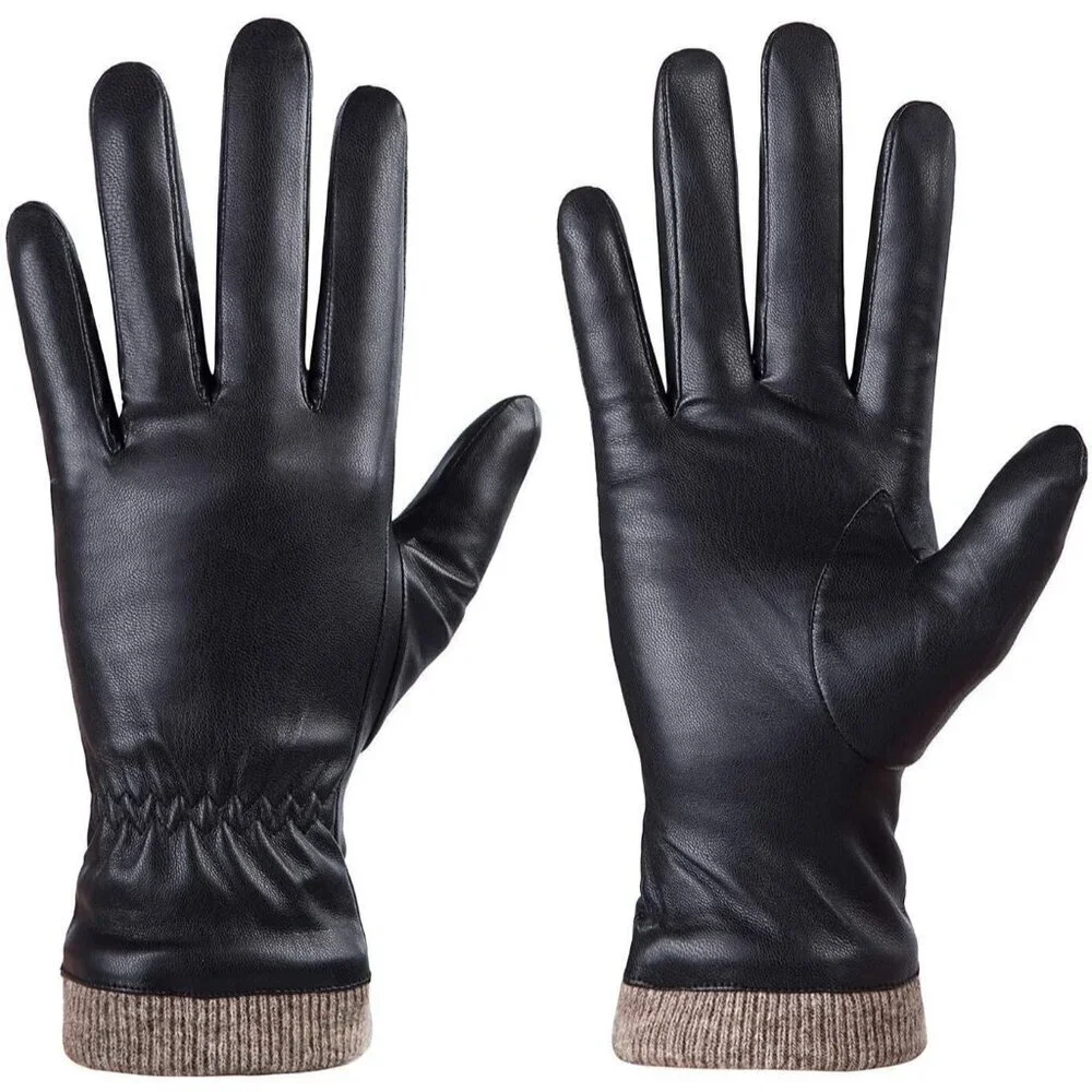 Women's Black Winter Leather Gloves Wool Fleece Lined Thermal Touchscreen